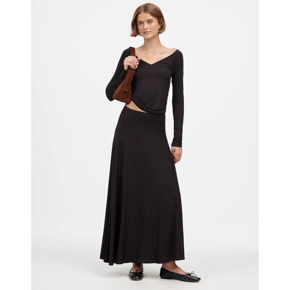 Madewell Jersey Asymmetric-Seam Midi Skirt WMNS M Jet Black Knit Pull On Stretch - Picture 1 of 7